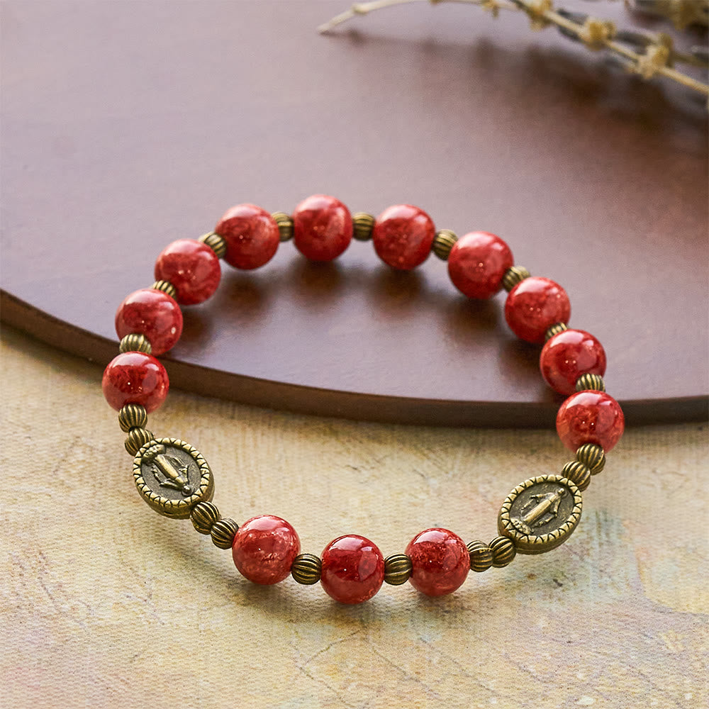 Vintage Red Green Glass Bracelet with Miraculous Medal