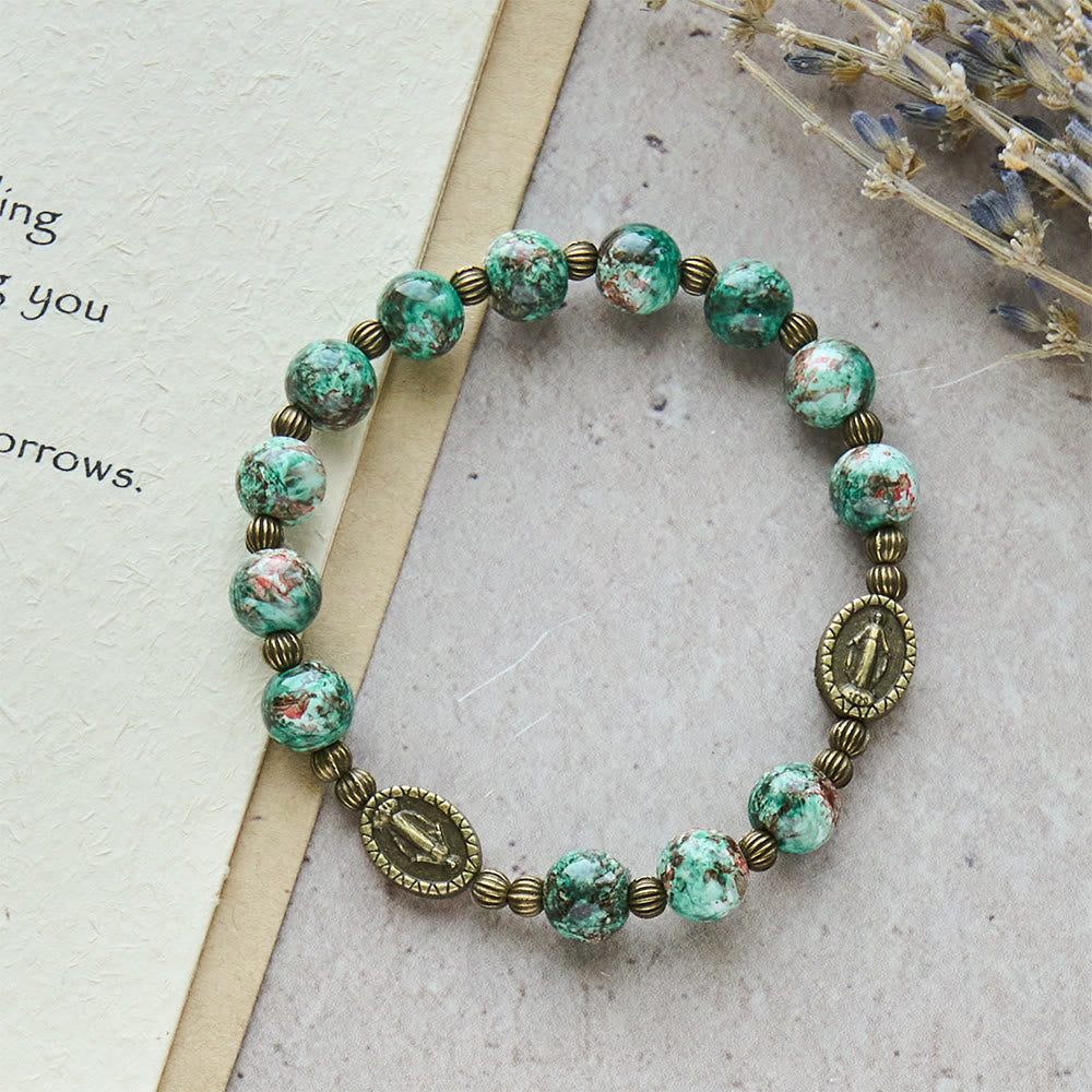 Vintage Red Green Glass Bracelet with Miraculous Medal