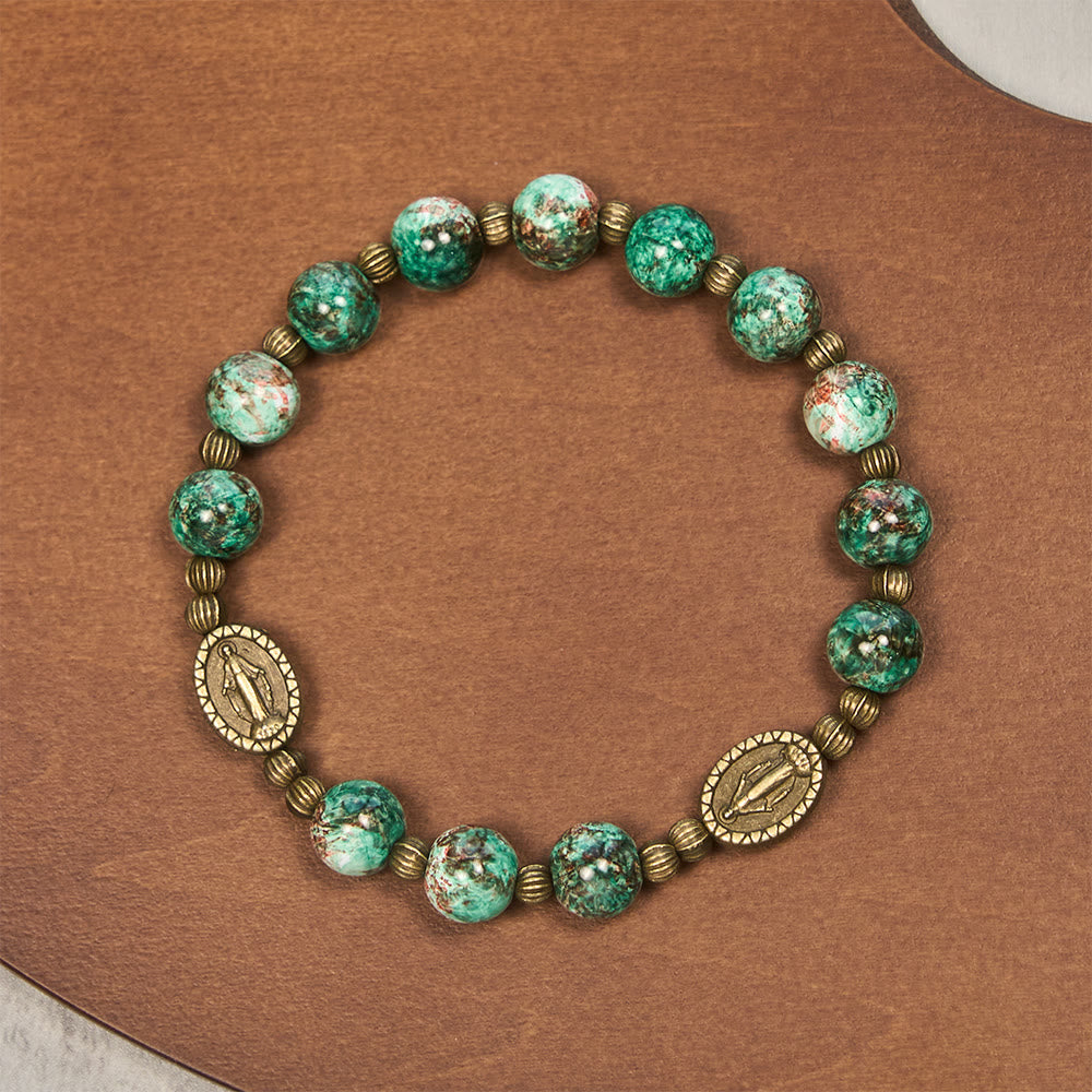 Vintage Red Green Glass Bracelet with Miraculous Medal