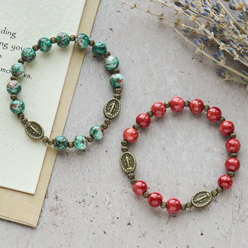 Vintage Red Green Glass Bracelet with Miraculous Medal
