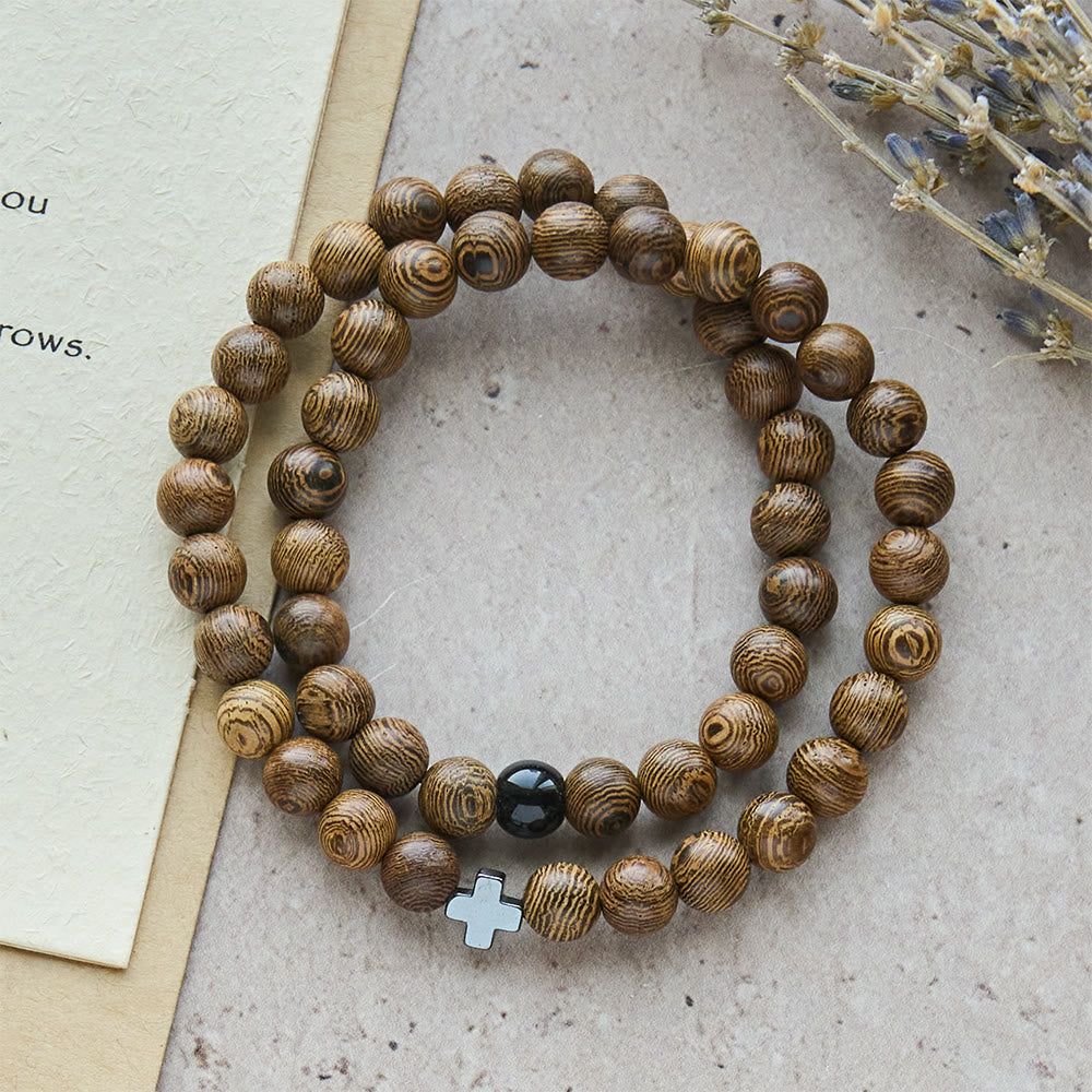 Layered Wooden Cross Bracelet