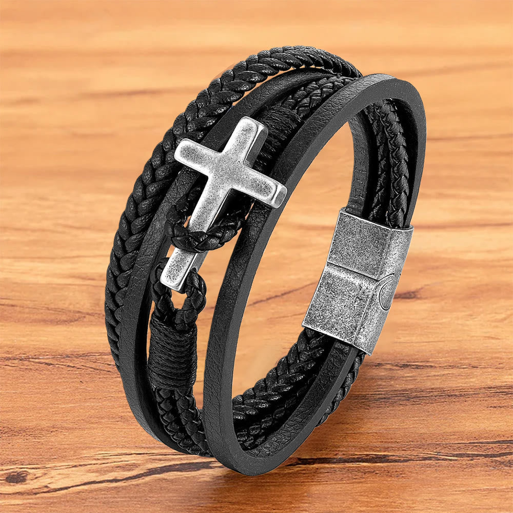 Tri-Color Stainless Steel Cross & Braided Leather Fashion Bracelet