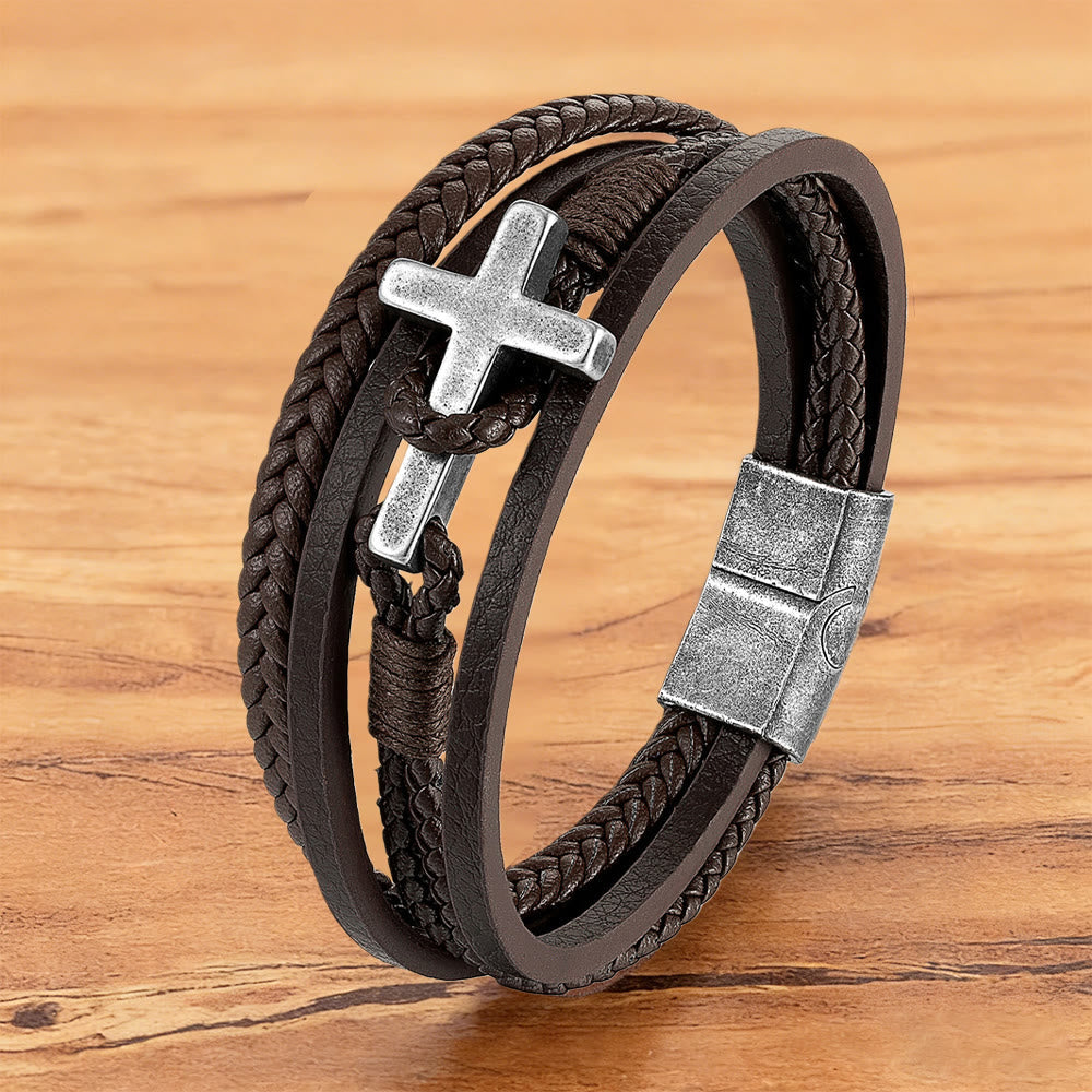 Tri-Color Stainless Steel Cross & Braided Leather Fashion Bracelet