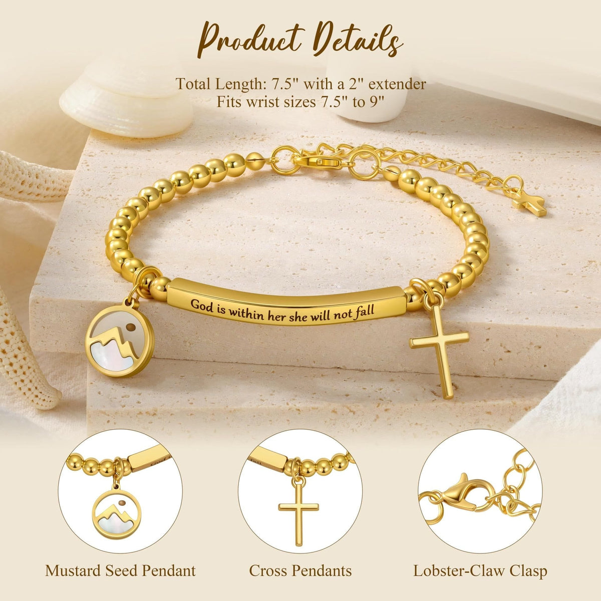 Mustard Seed & Golden Bead Cross Bracelet with God Is Within Her Gift