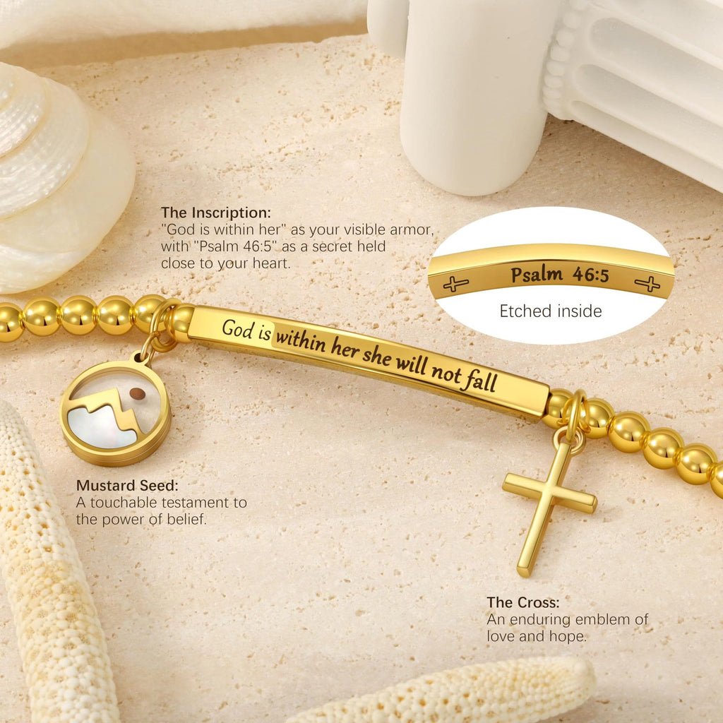 Mustard Seed & Golden Bead Cross Bracelet with God Is Within Her Gift
