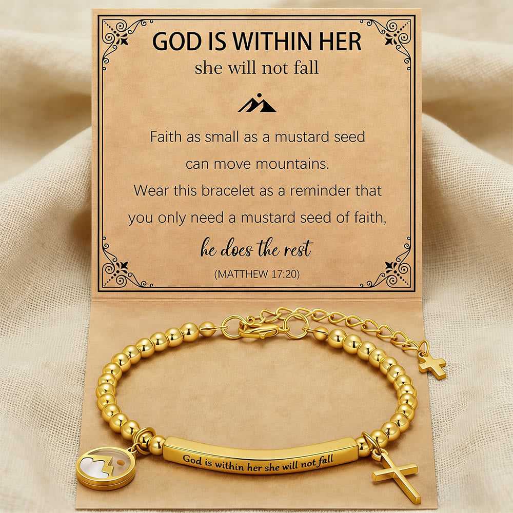 Mustard Seed & Golden Bead Cross Bracelet with God Is Within Her Gift