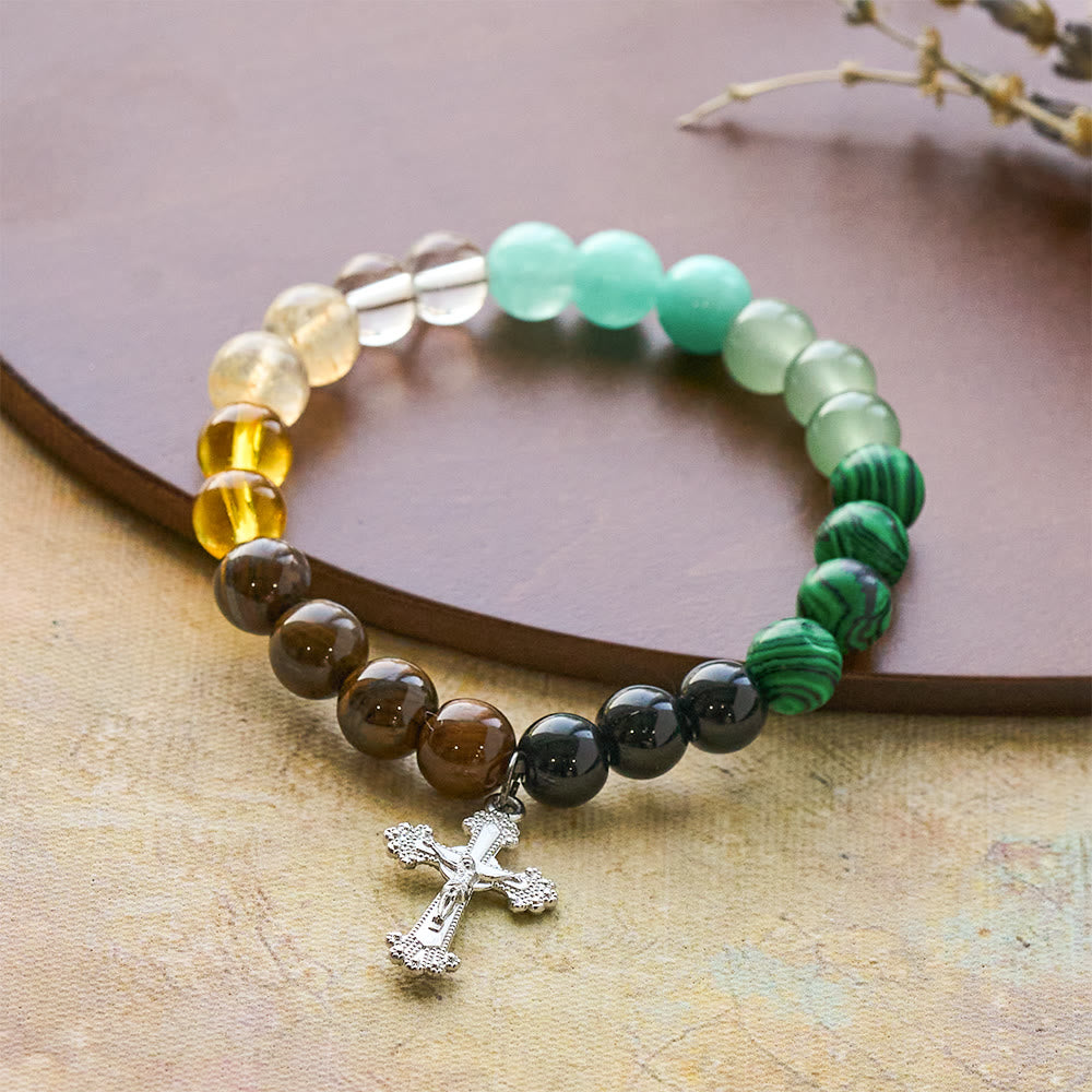 Multi-Natural Stone Faith Bracelet with Assorted Stones & Cross