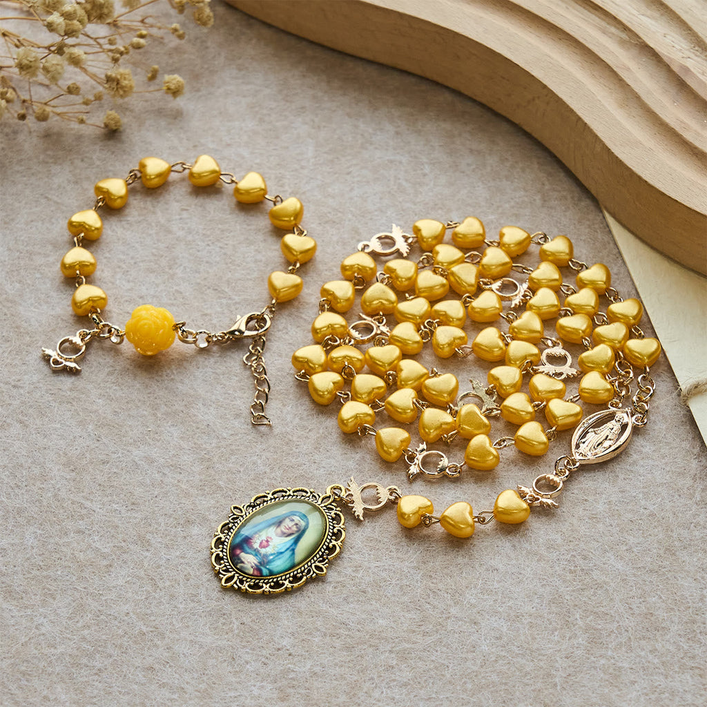 Yellow Heart Bead Rosary & Bracelet Set
