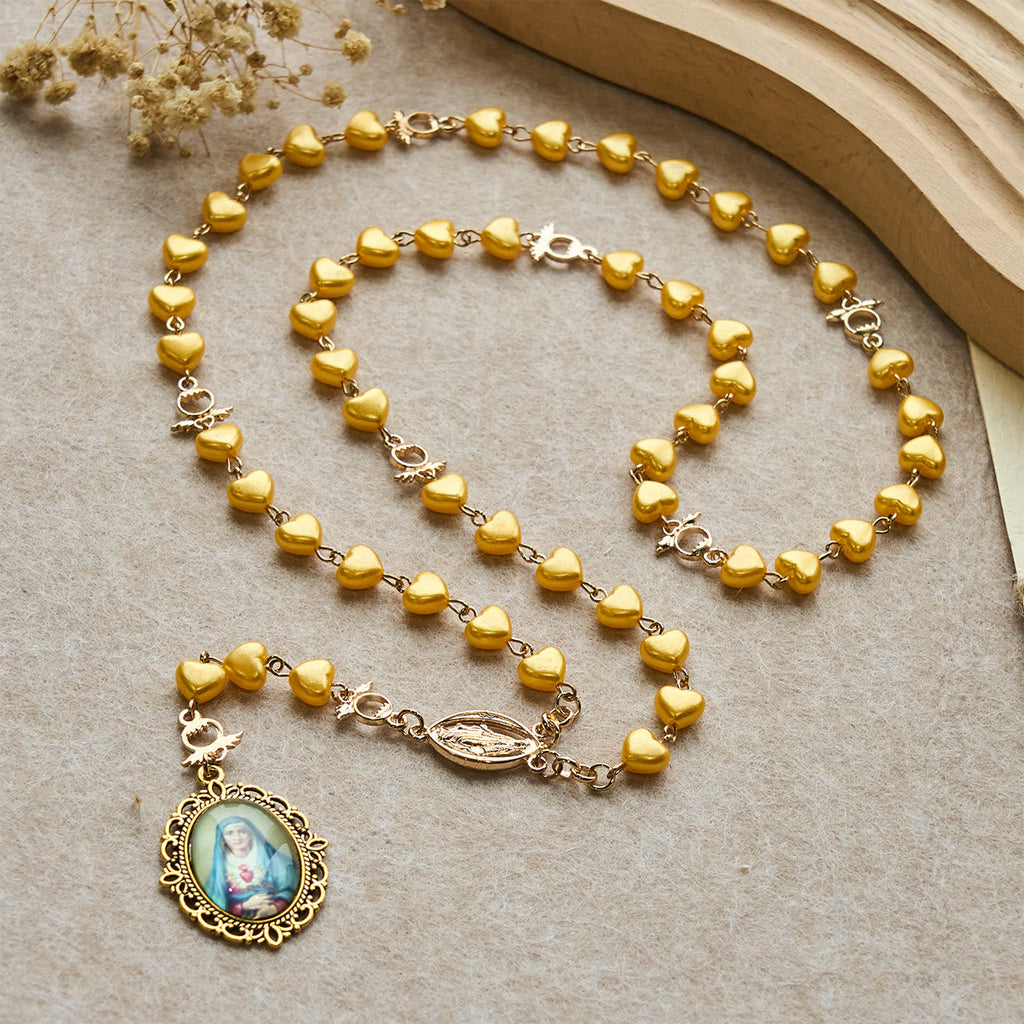 Yellow Heart Bead Rosary & Bracelet Set