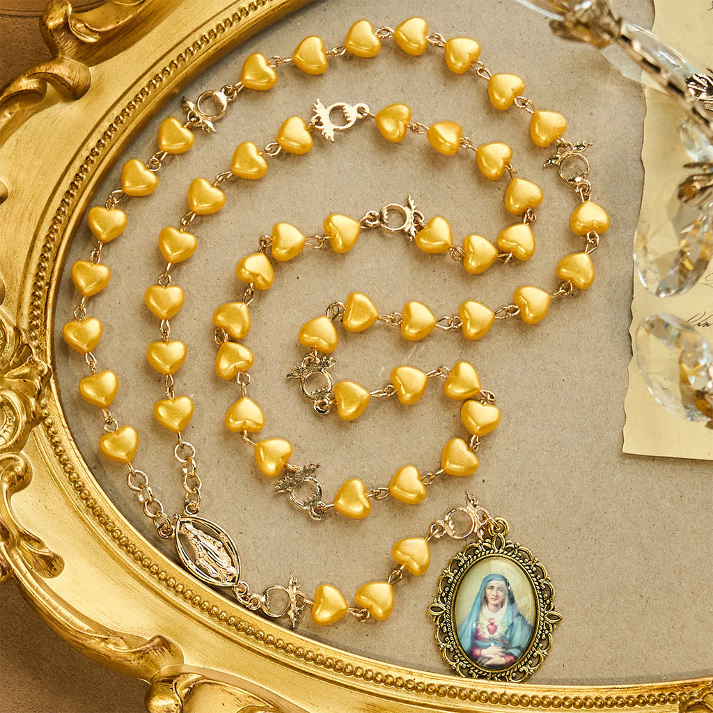 Yellow Heart Bead Rosary & Bracelet Set