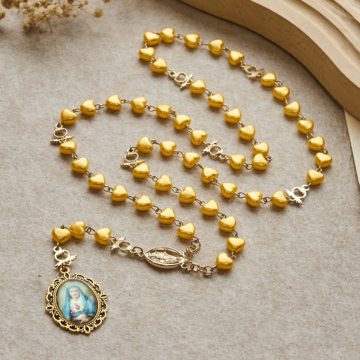 Yellow Heart Bead Rosary & Bracelet Set