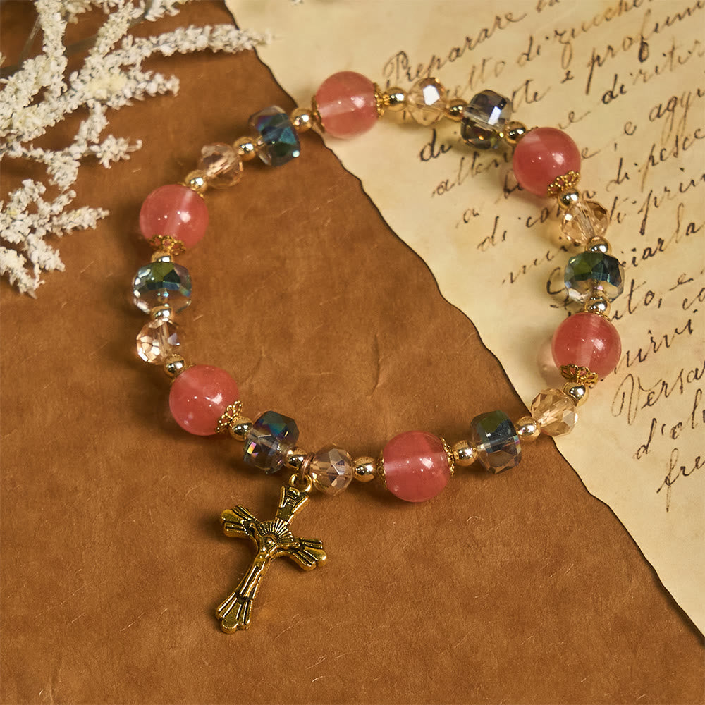Pink Crystal & Multi-Faceted Bead Bracelet with Golden Crucifix
