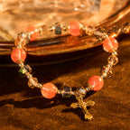 Pink Crystal & Multi-Faceted Bead Bracelet with Golden Crucifix