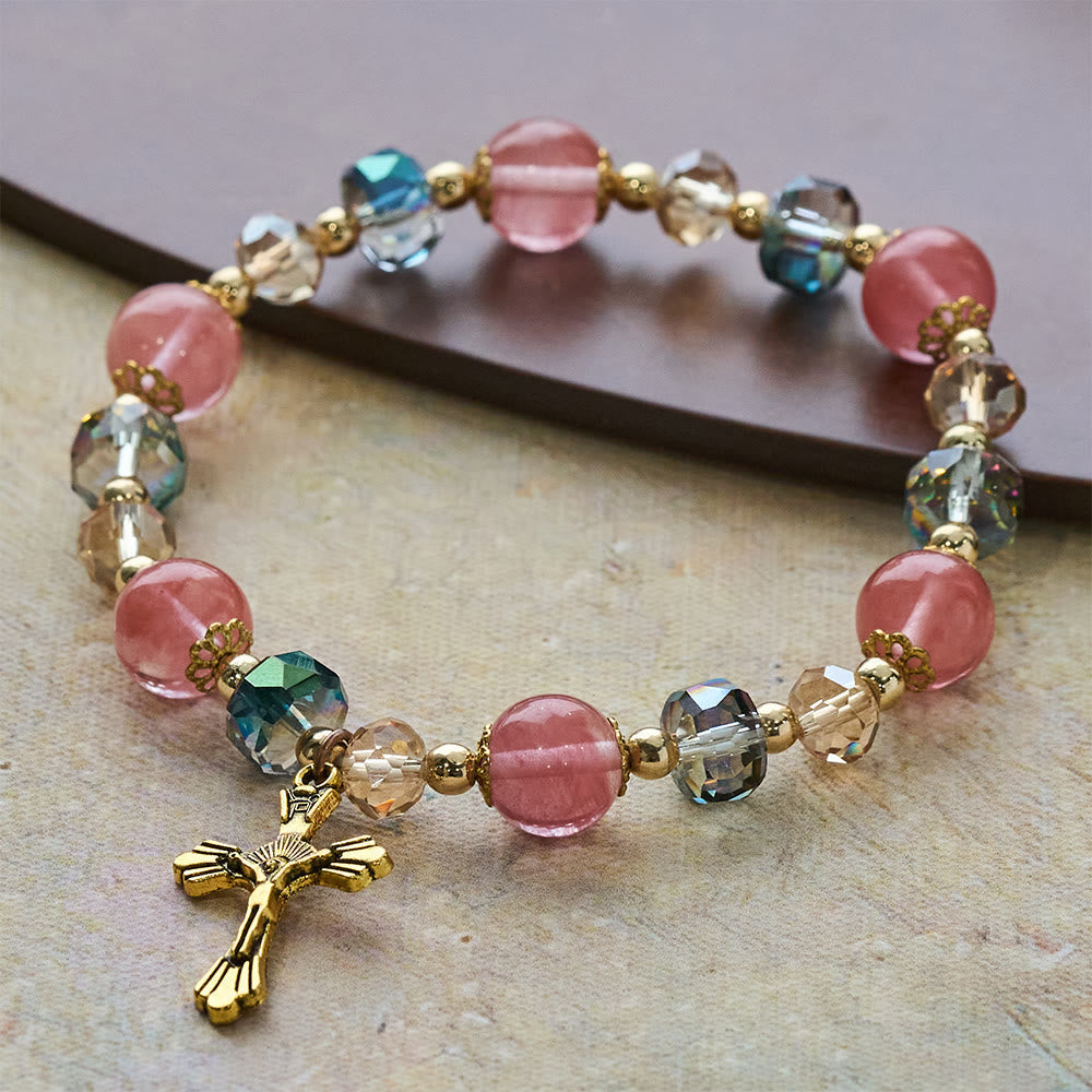 Pink Crystal & Multi-Faceted Bead Bracelet with Golden Crucifix