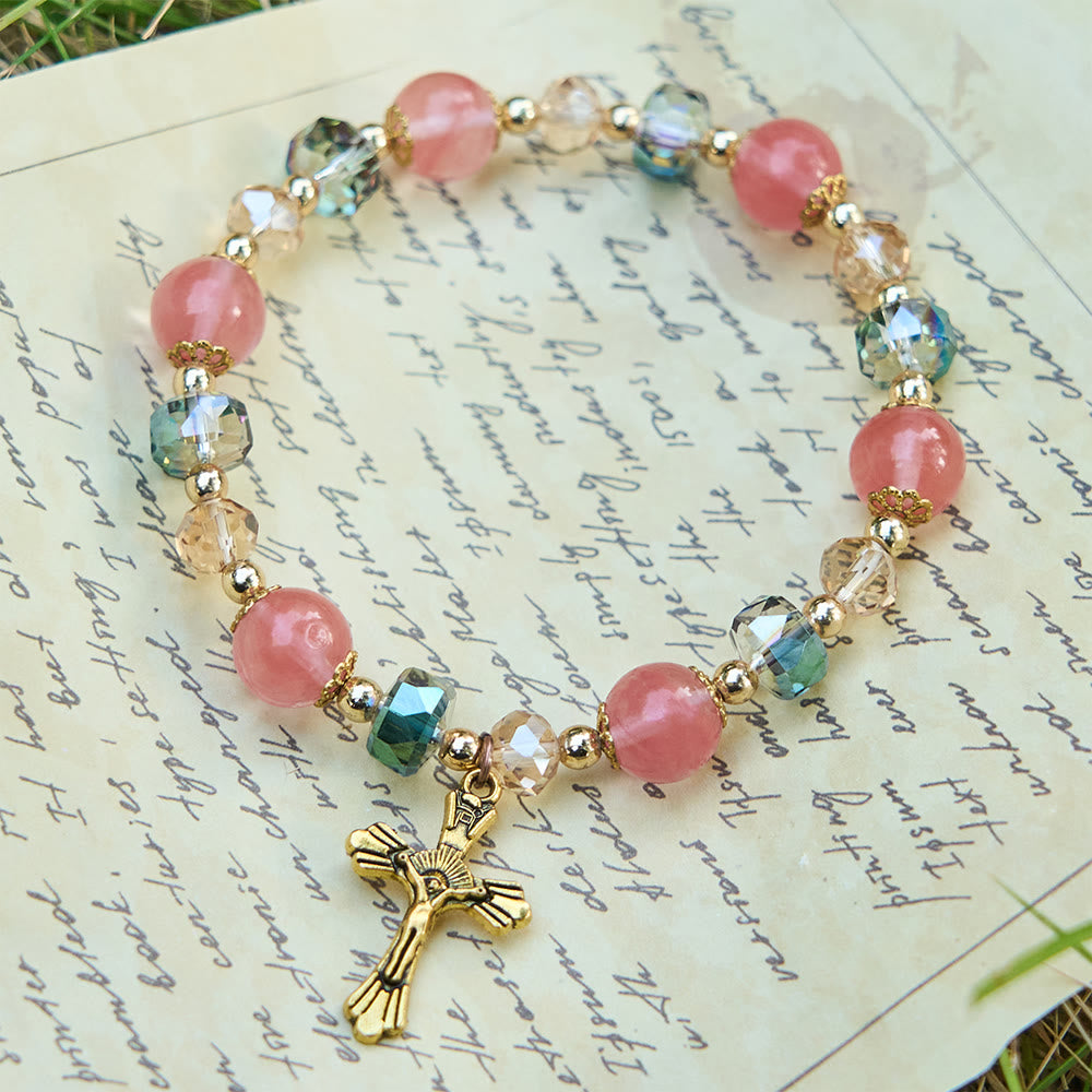 Pink Crystal & Multi-Faceted Bead Bracelet with Golden Crucifix
