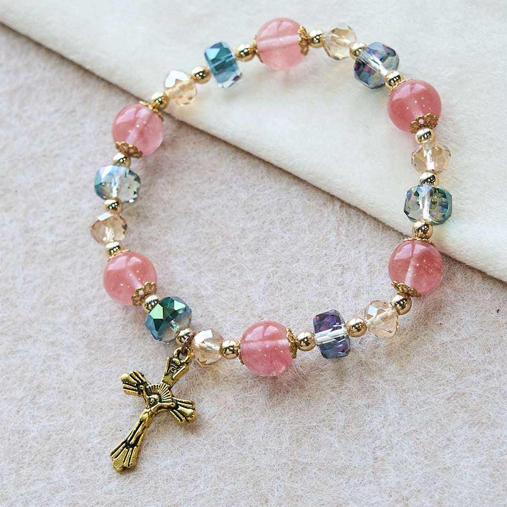 Pink Crystal & Multi-Faceted Bead Bracelet with Golden Crucifix