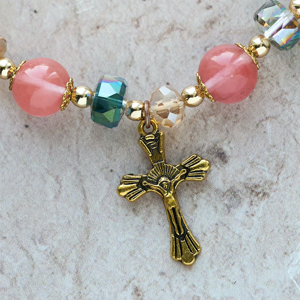 Pink Crystal & Multi-Faceted Bead Bracelet with Golden Crucifix