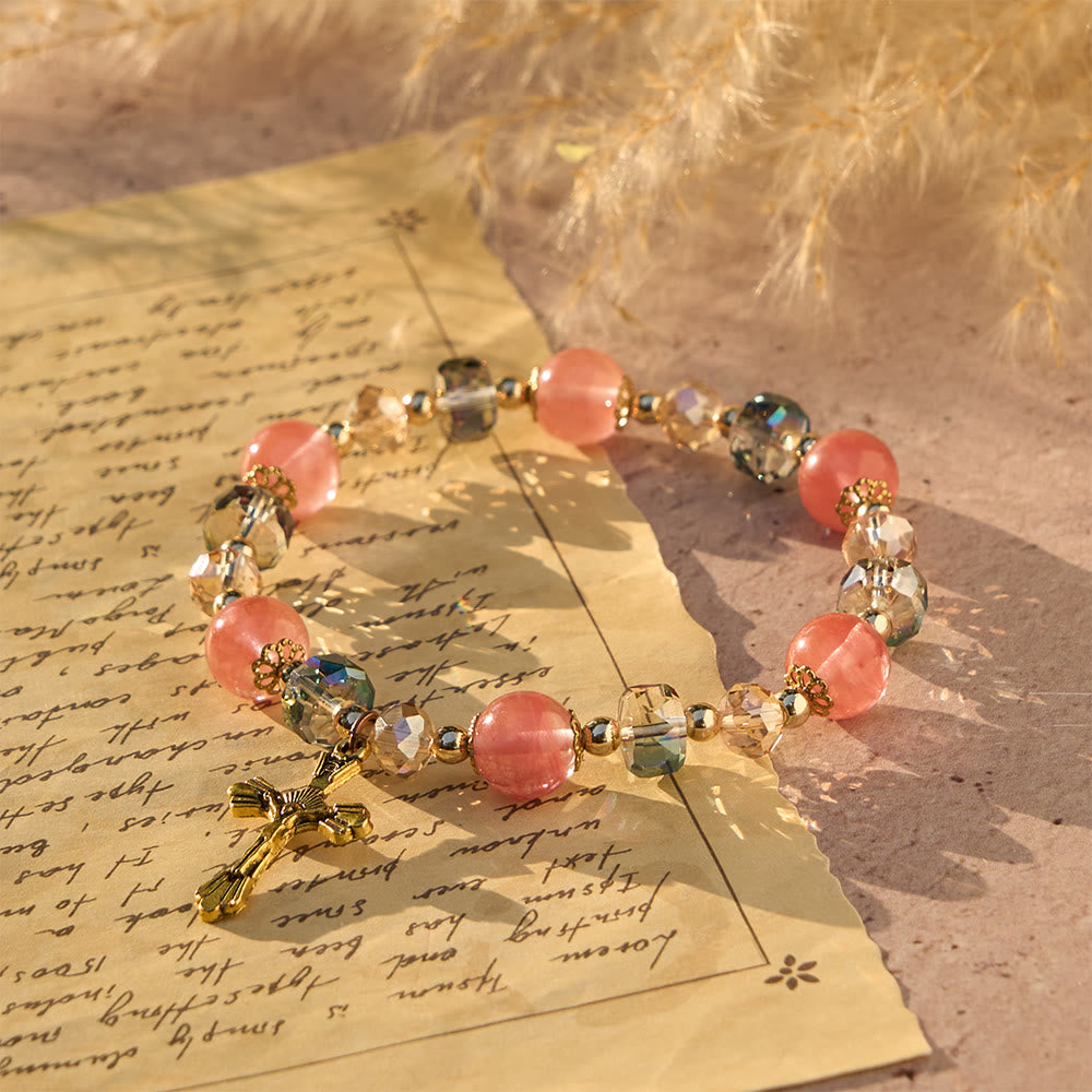 Pink Crystal & Multi-Faceted Bead Bracelet with Golden Crucifix