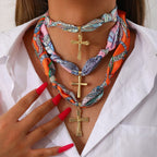 Vibrant Pattern Scarf with Cross Necklace Series
