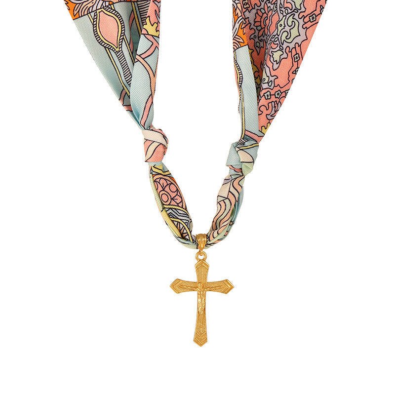 Vibrant Pattern Scarf with Cross Necklace Series