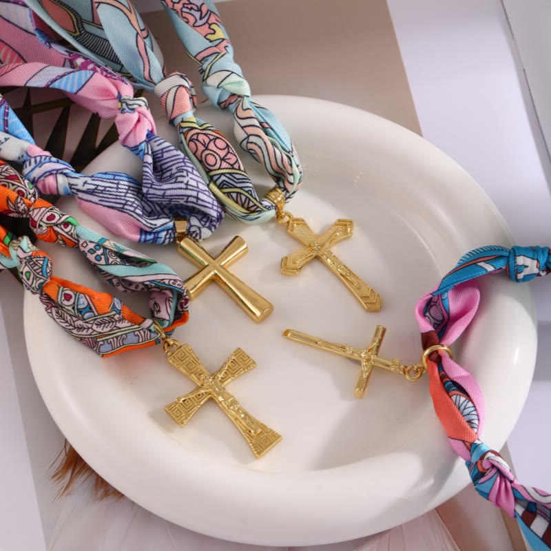 Vibrant Pattern Scarf with Cross Necklace Series