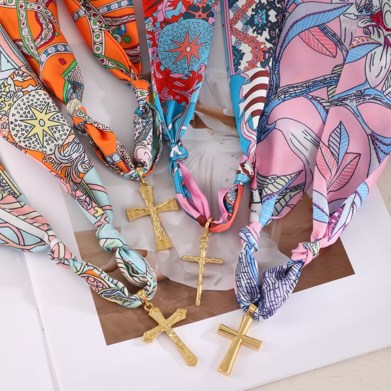 Vibrant Pattern Scarf with Cross Necklace Series