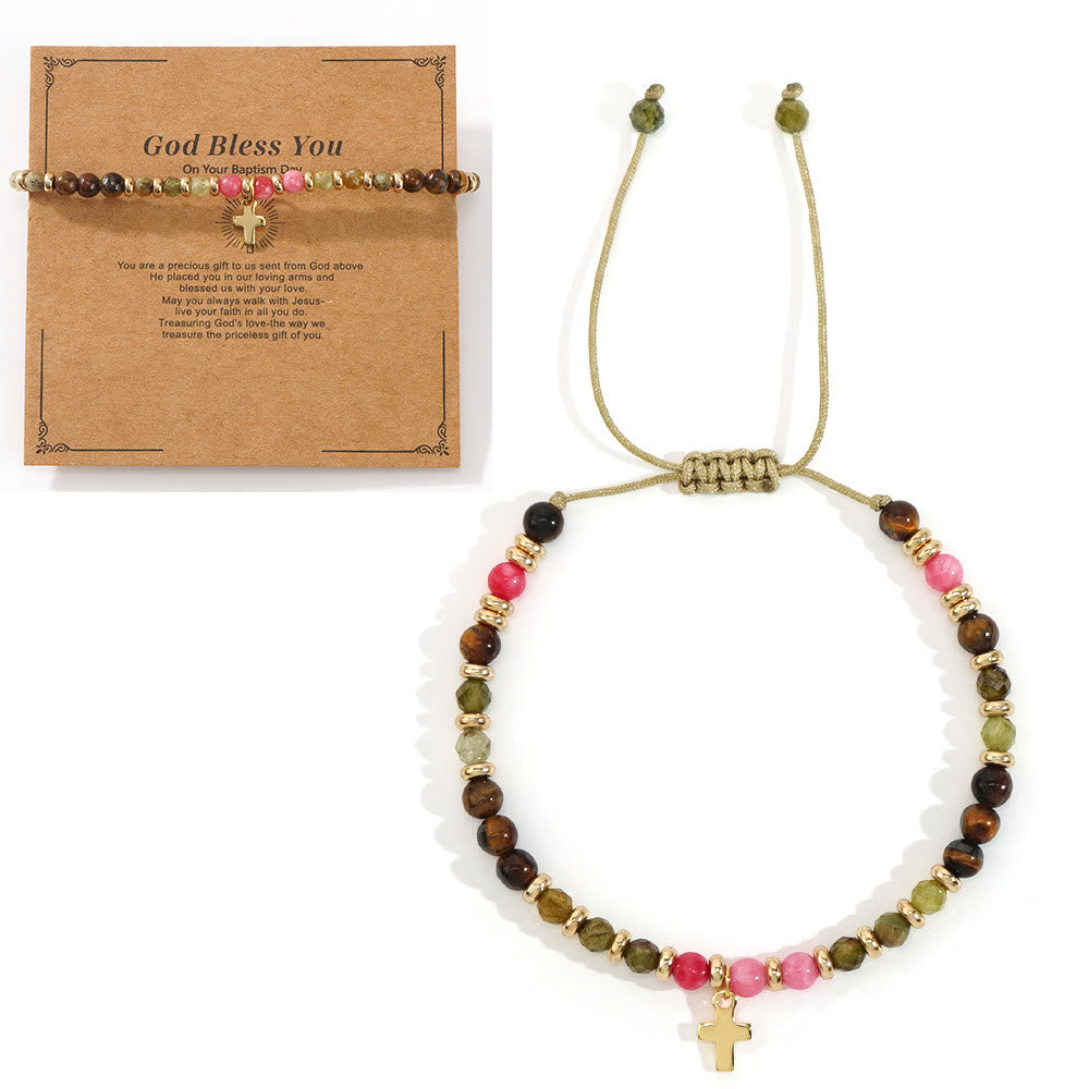 Natural Stone & Cross Bracelet with Bible Card Series