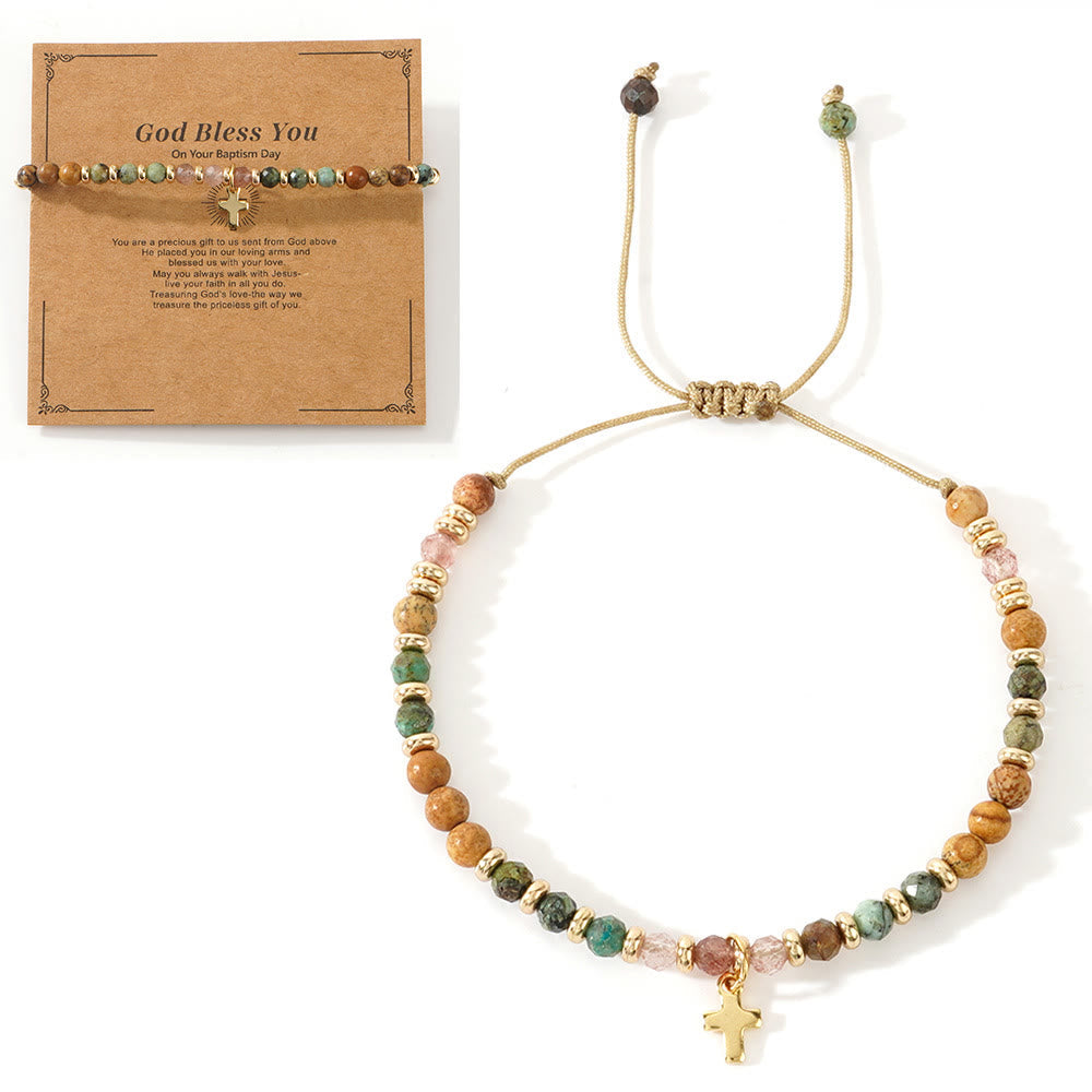 Natural Stone & Cross Bracelet with Bible Card Series