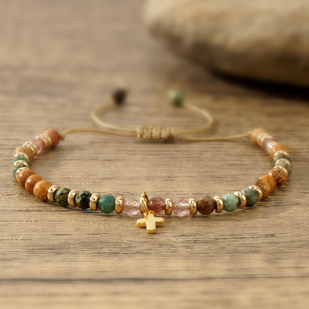 Natural Stone & Cross Bracelet with Bible Card Series