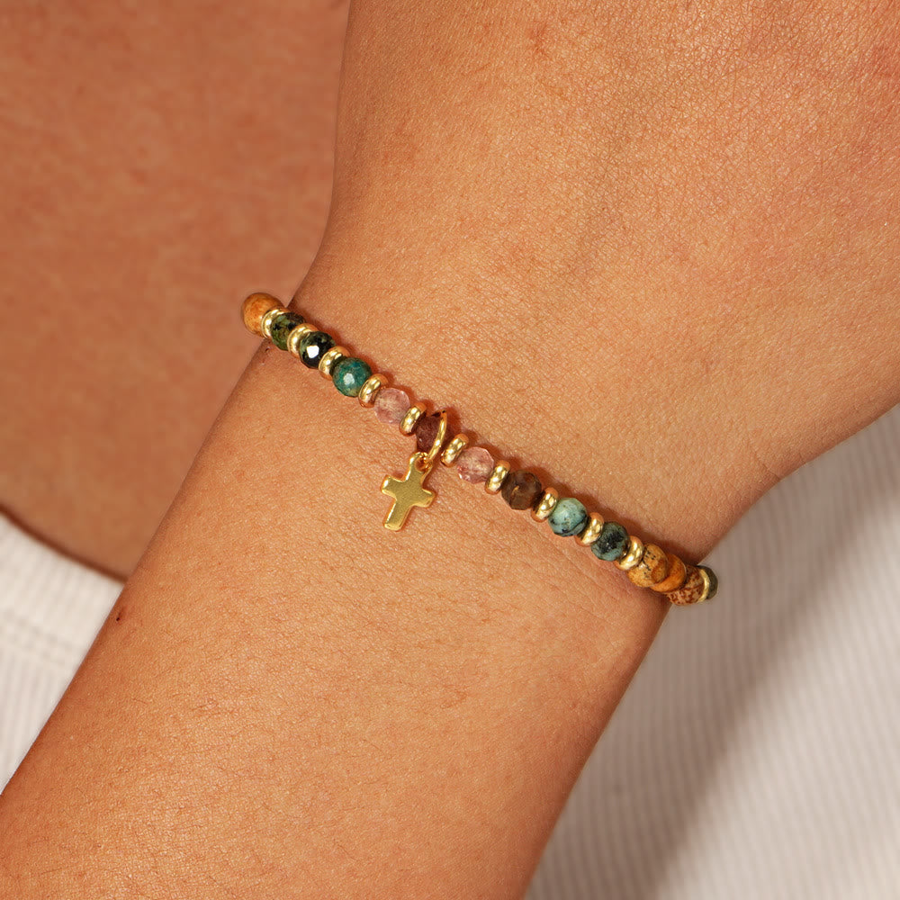 Natural Stone & Cross Bracelet with Bible Card Series
