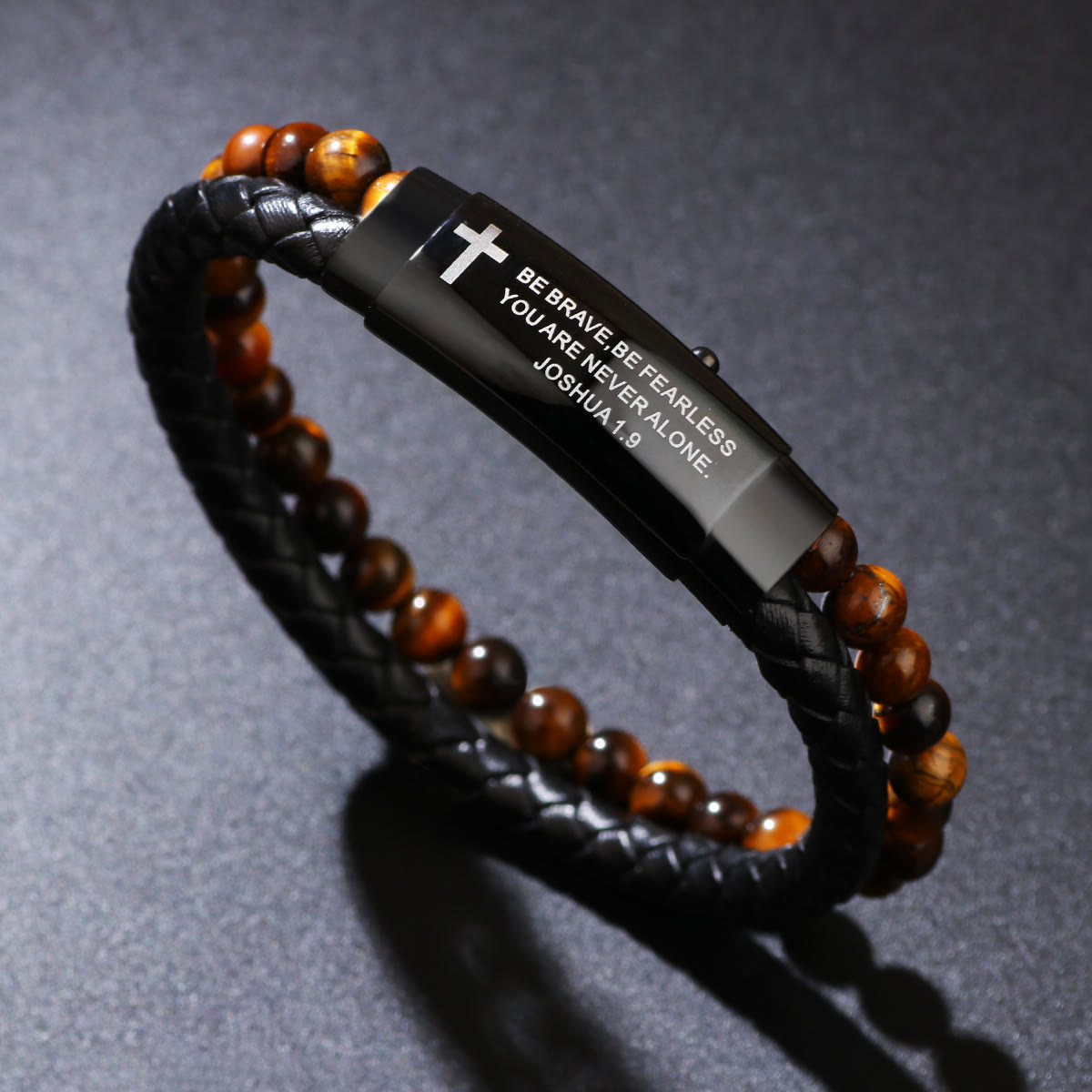 Joshua 1:9 Woven Leather Cross Bracelet