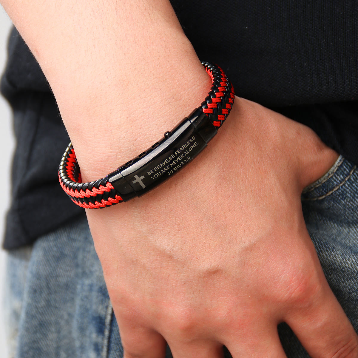 Joshua 1:9 Woven Leather Cross Bracelet
