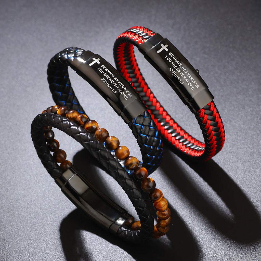 Joshua 1:9 Woven Leather Cross Bracelet
