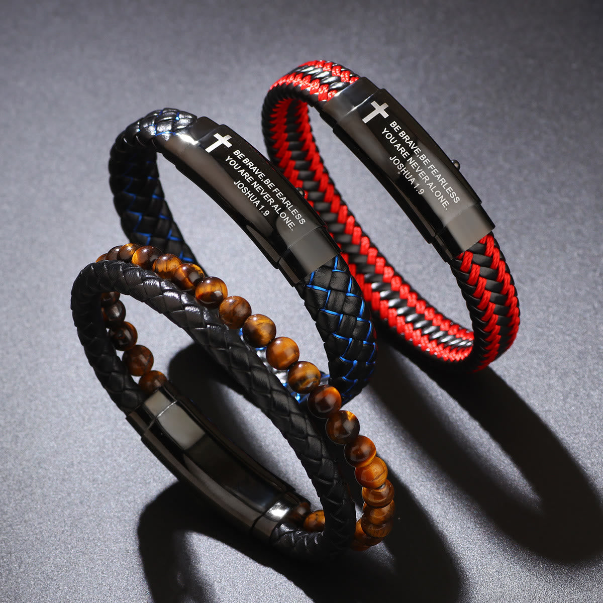 Joshua 1:9 Woven Leather Cross Bracelet