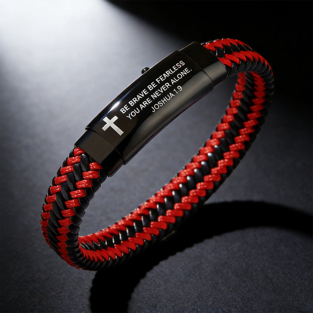 Joshua 1:9 Woven Leather Cross Bracelet