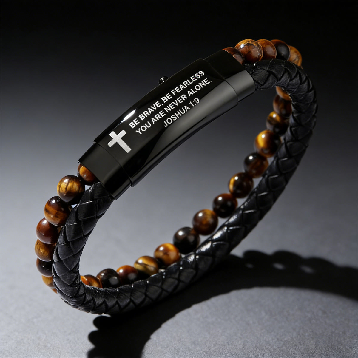 Joshua 1:9 Woven Leather Cross Bracelet