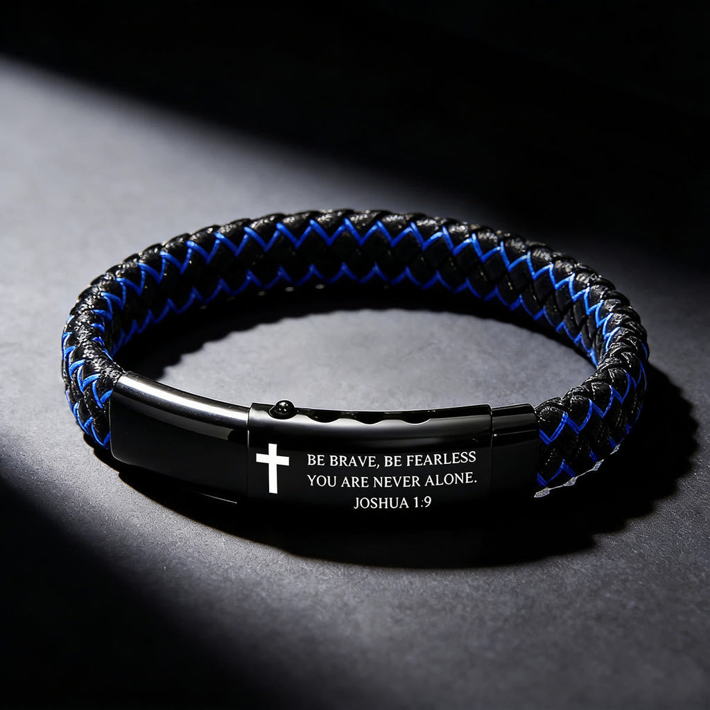 Joshua 1:9 Woven Leather Cross Bracelet