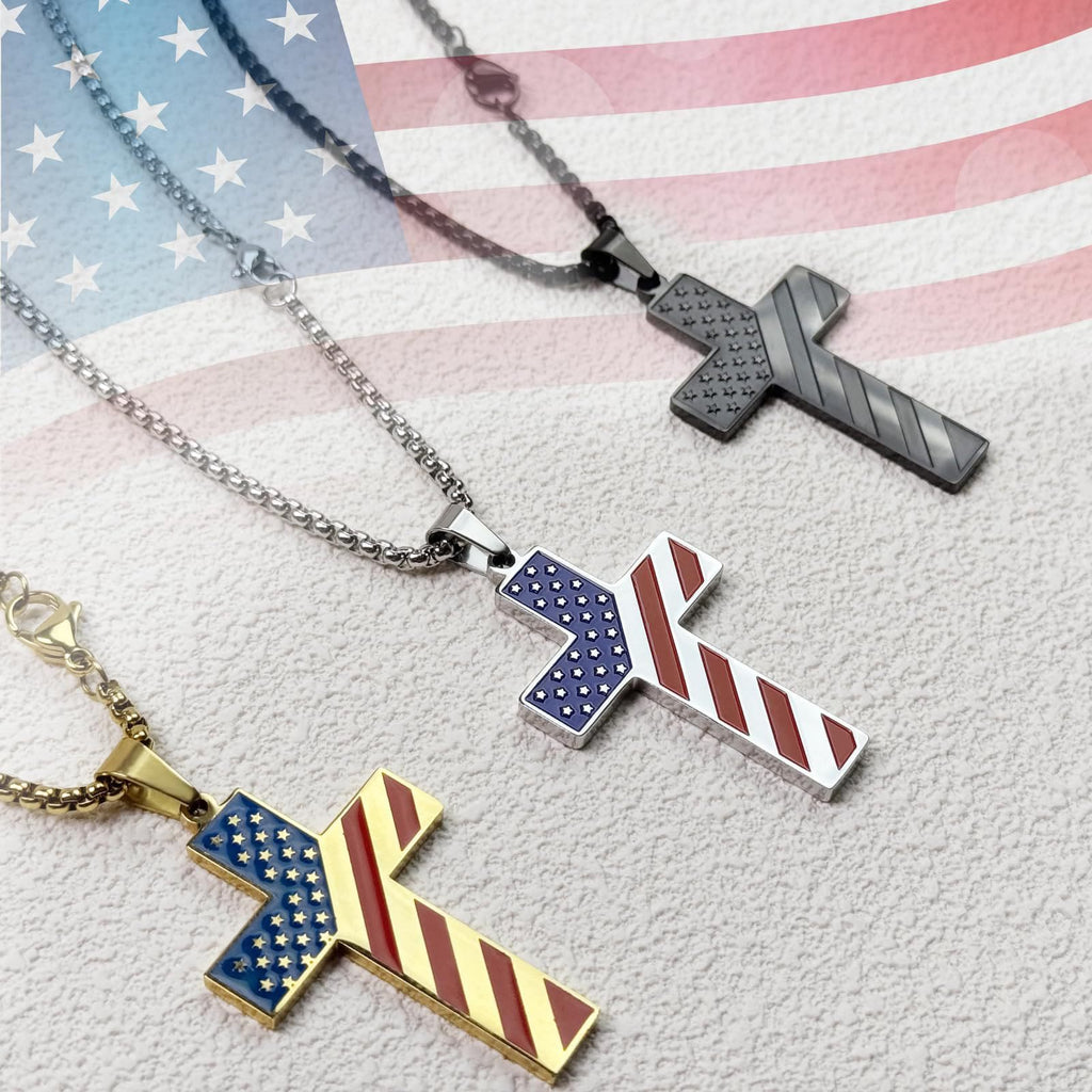 Tri-Color Cross Necklace with American Flag & Scripture