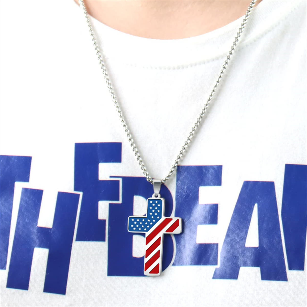 Tri-Color Cross Necklace with American Flag & Scripture