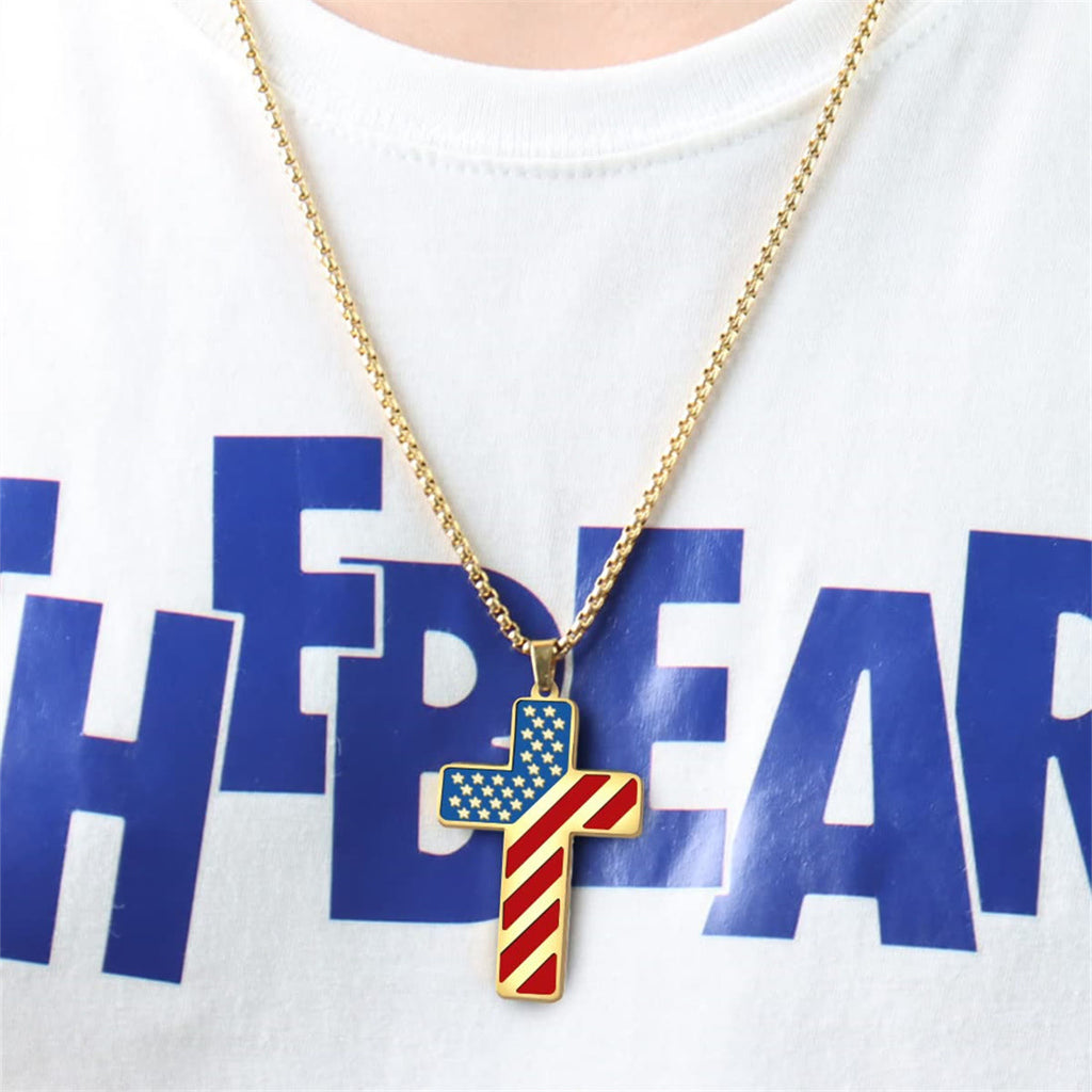 Tri-Color Cross Necklace with American Flag & Scripture