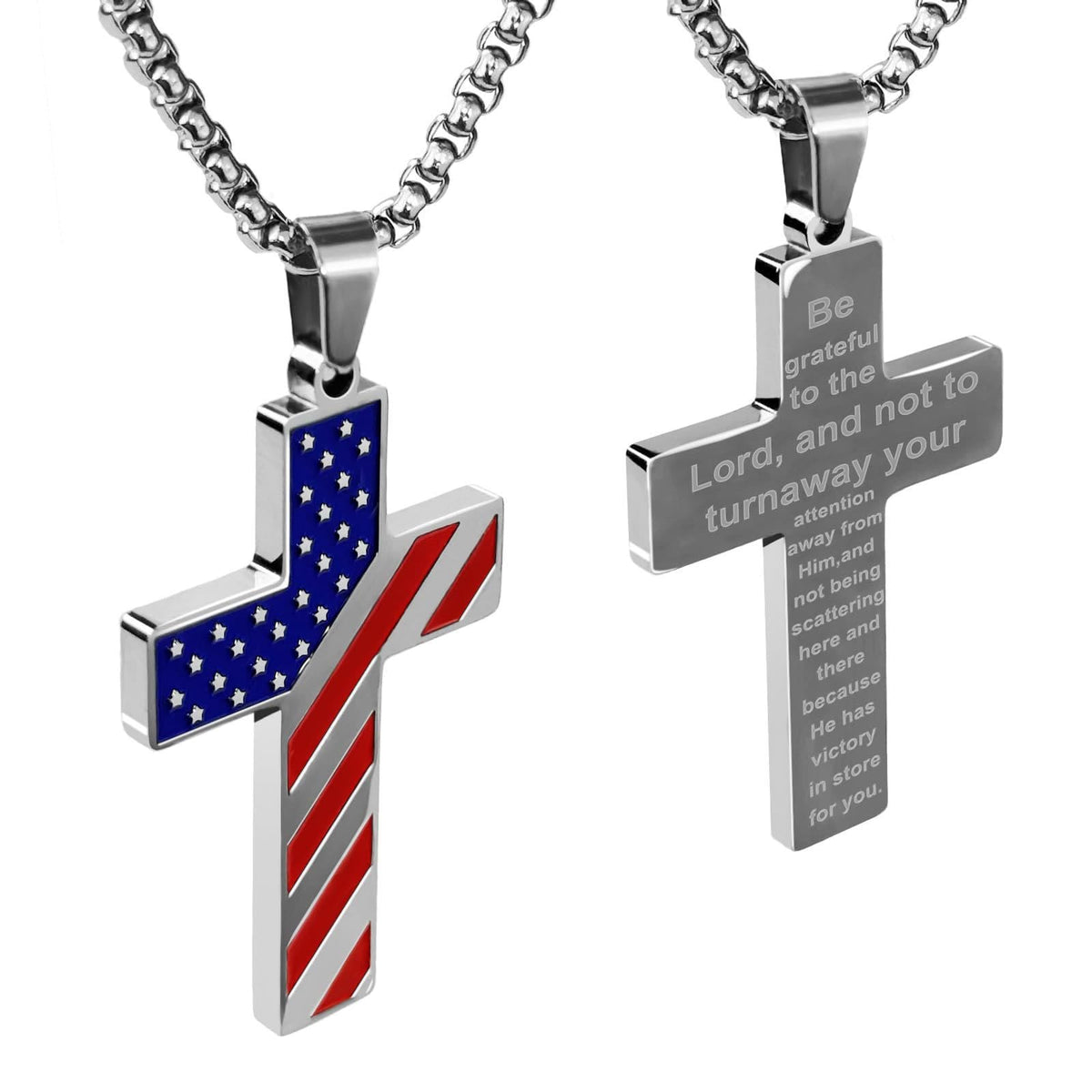 Tri-Color Cross Necklace with American Flag & Scripture