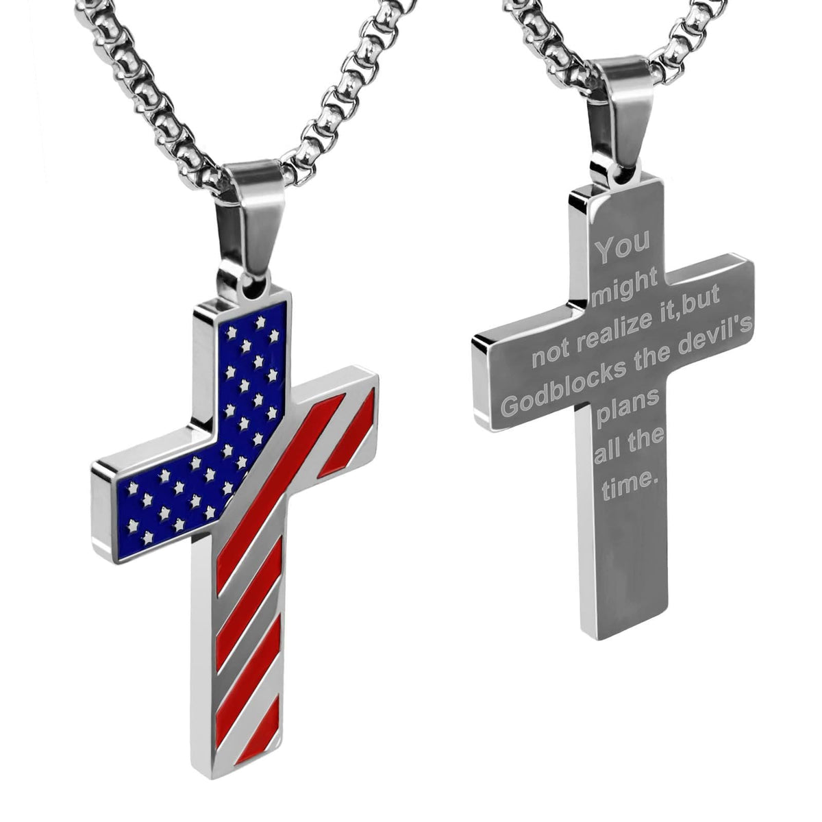 Tri-Color Cross Necklace with American Flag & Scripture