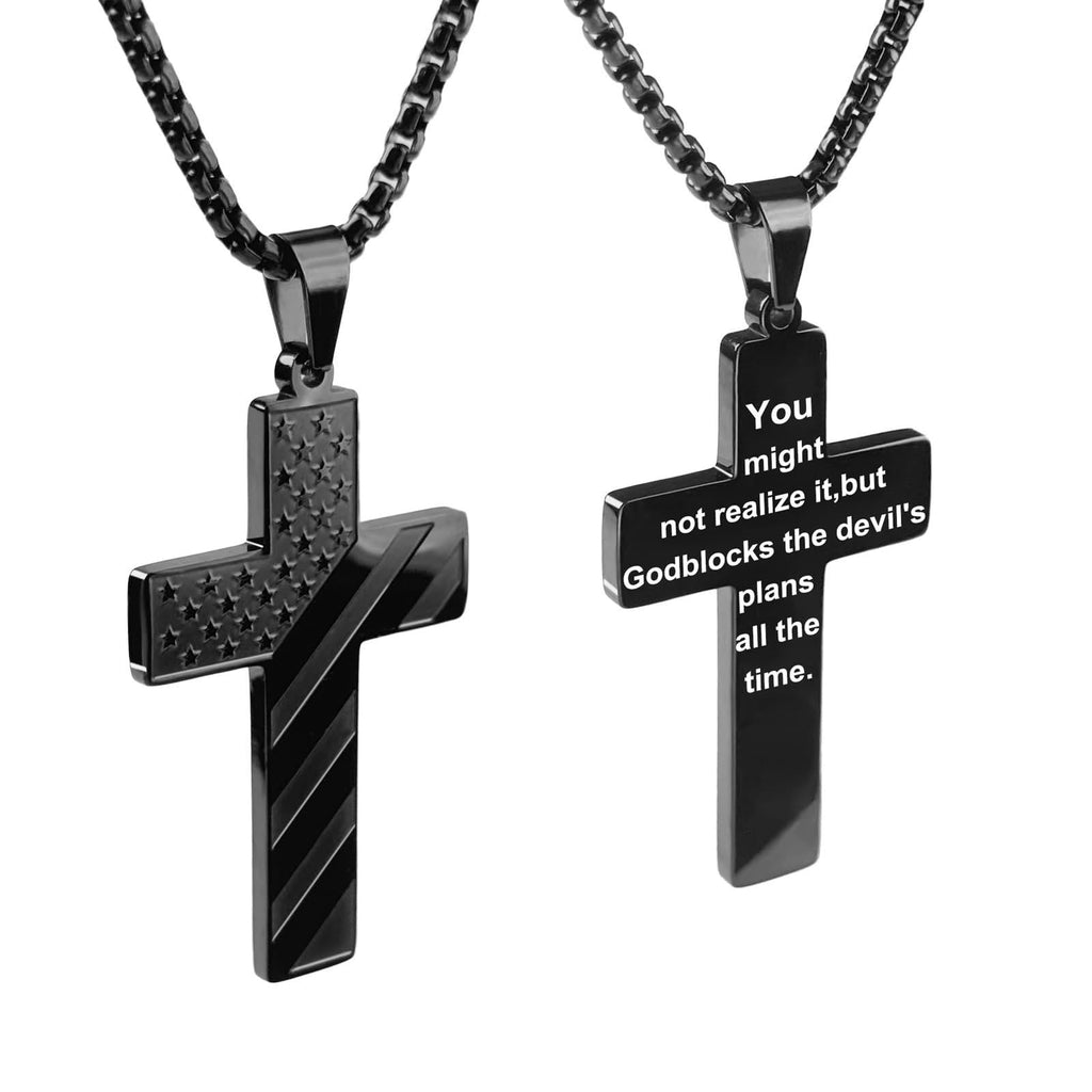 Tri-Color Cross Necklace with American Flag & Scripture