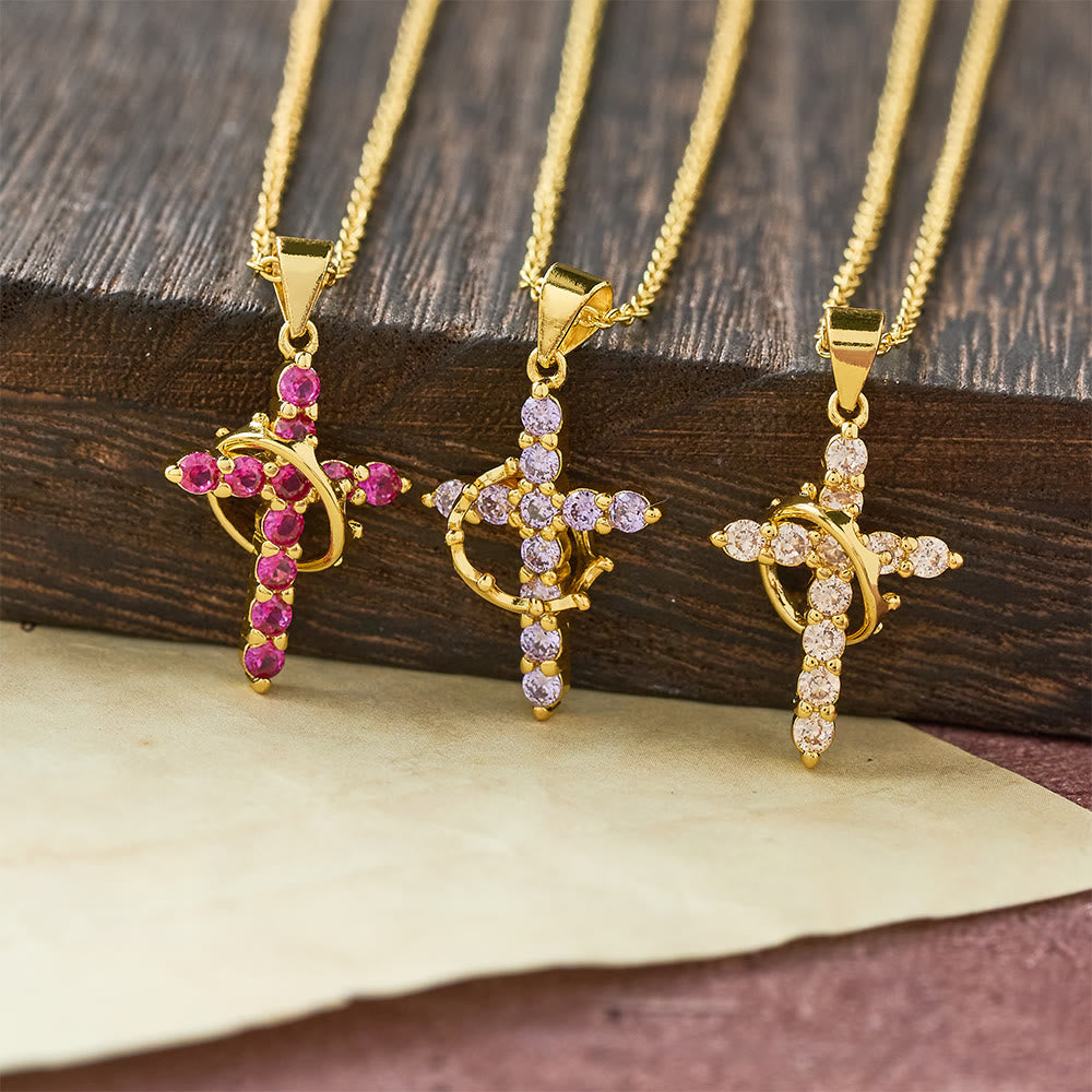 Faith-Symbol Cross Necklace with Monthly Birthstone Accents