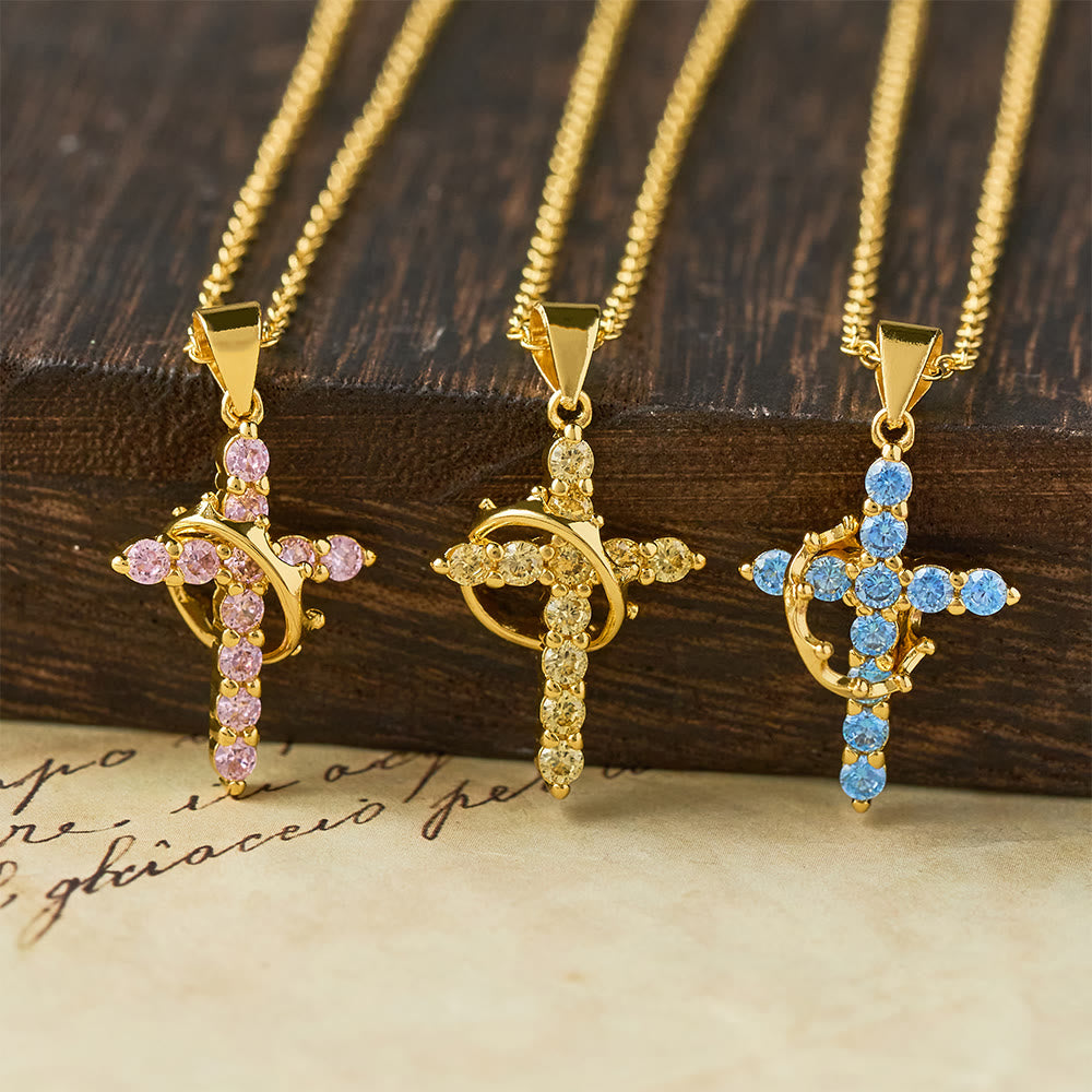 Faith-Symbol Cross Necklace with Monthly Birthstone Accents