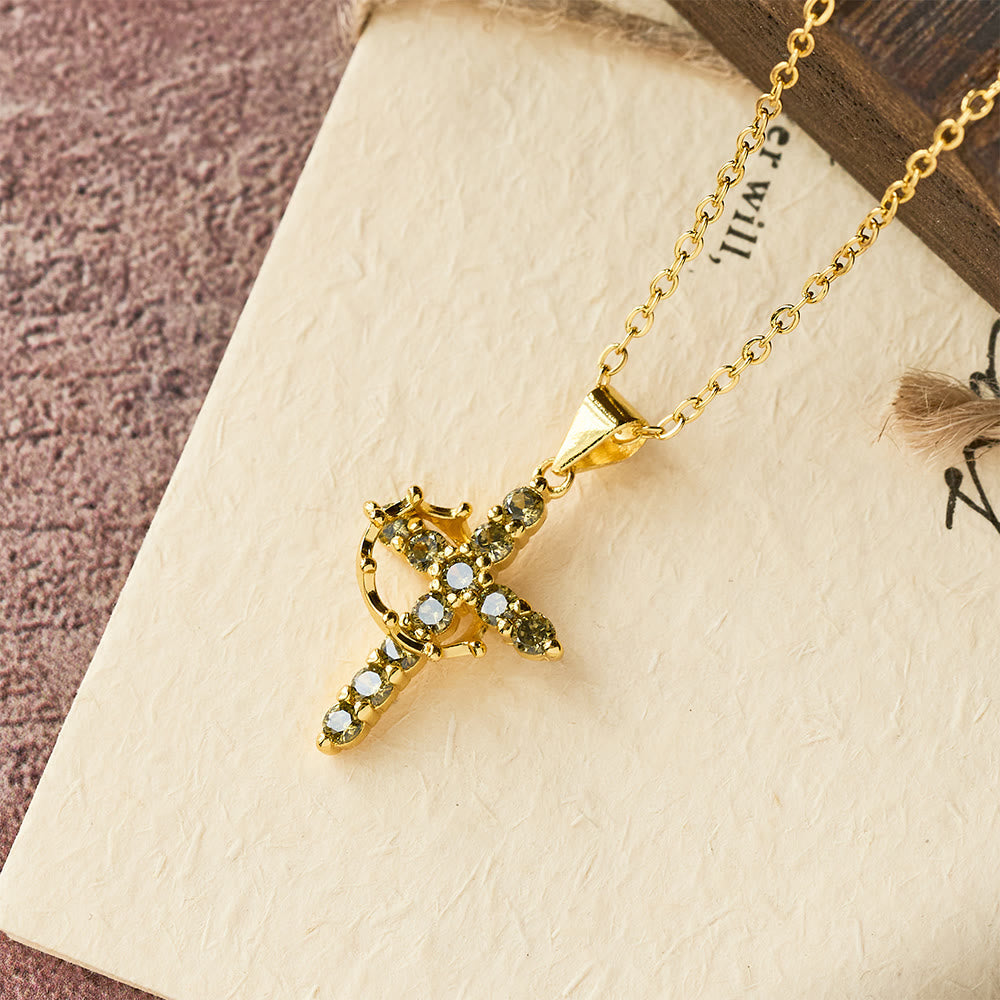 Faith-Symbol Cross Necklace with Monthly Birthstone Accents