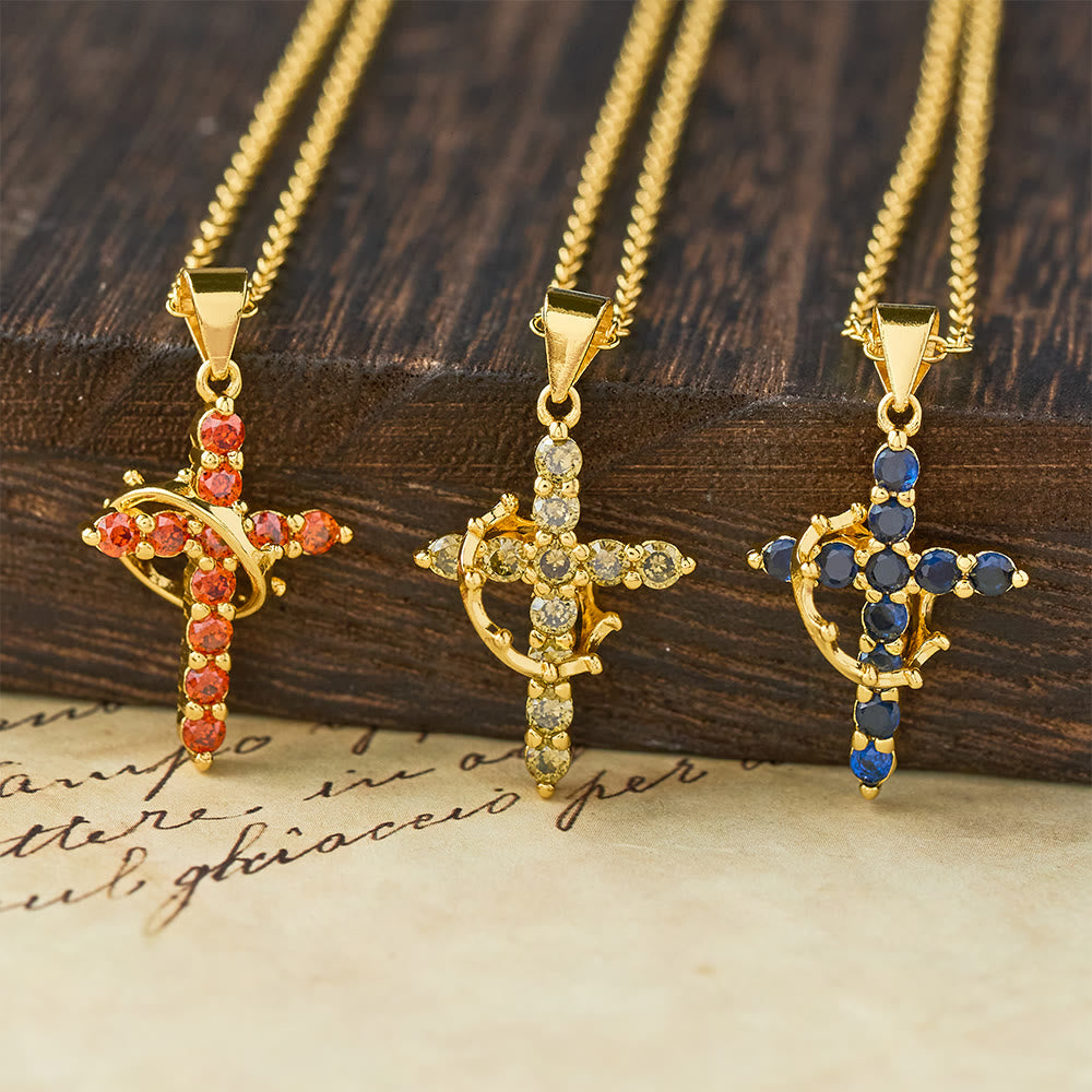 Faith-Symbol Cross Necklace with Monthly Birthstone Accents
