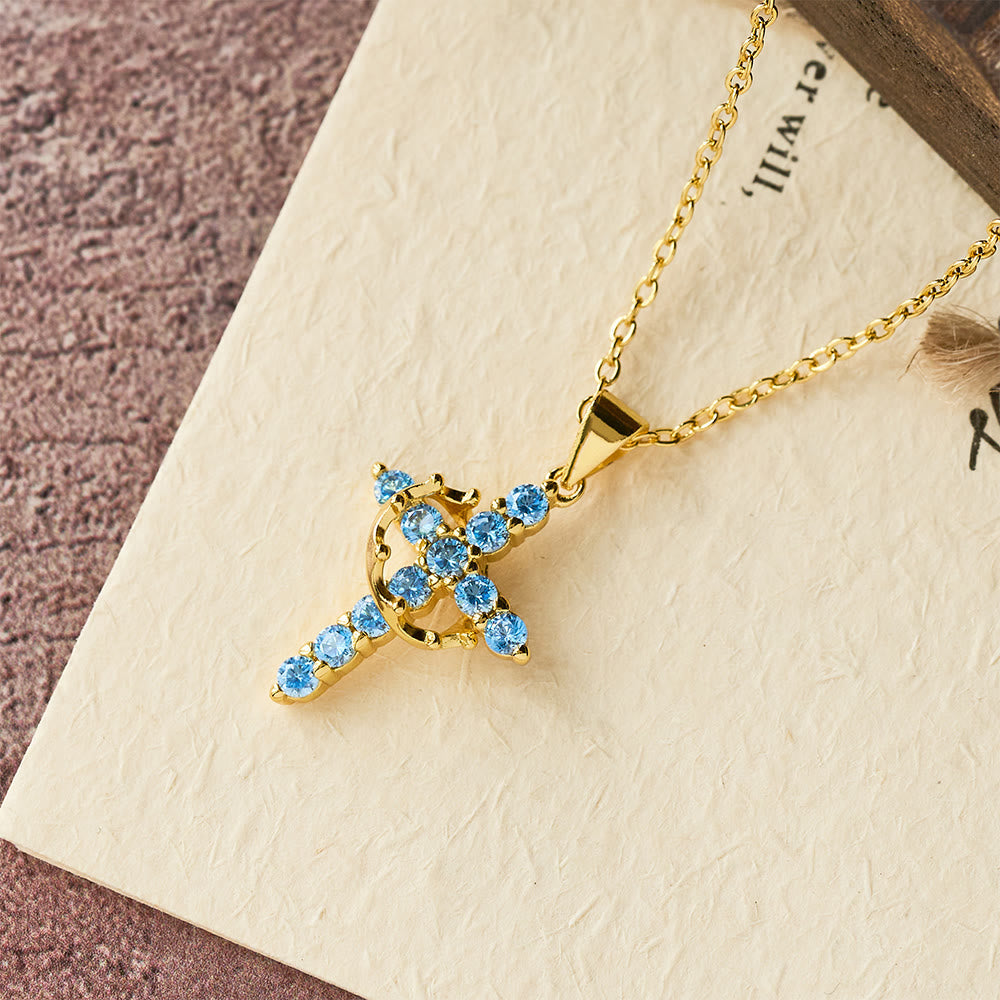 Faith-Symbol Cross Necklace with Monthly Birthstone Accents