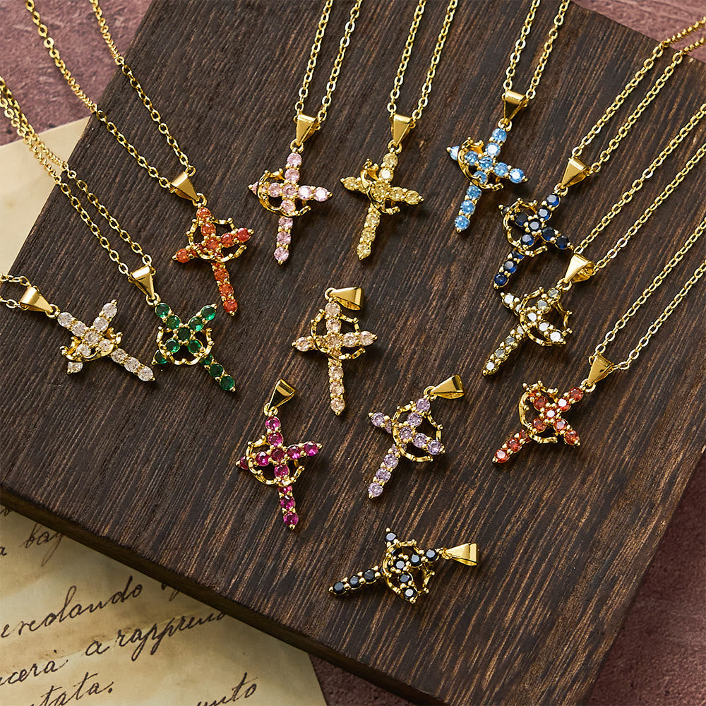 Faith-Symbol Cross Necklace with Monthly Birthstone Accents