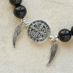 Miraculous Medal & Angel Wing Blood SandalWood Bead Bracelet